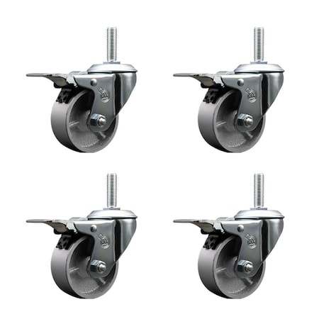 Service Caster 4 Inch Semi Steel Swivel 34 Inch Threaded Stem Caster Set with Total Lock Brake SCC-TSTTL20S415-SSR-34212-4